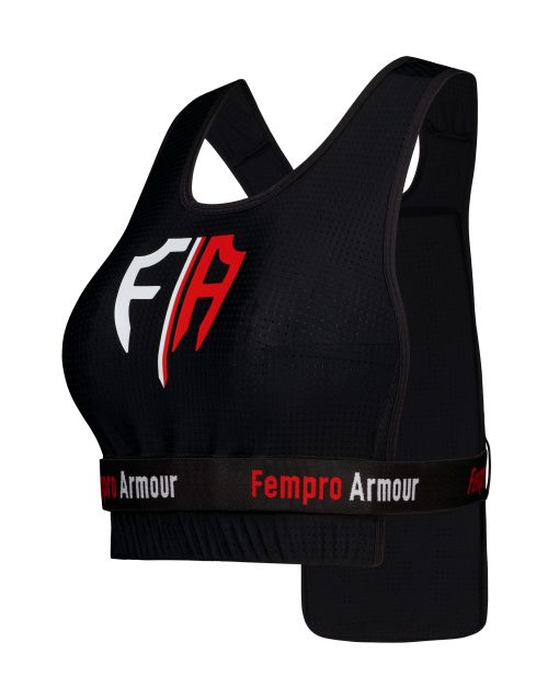 black sports pro light vest with a red and white fempro armour logo on the back