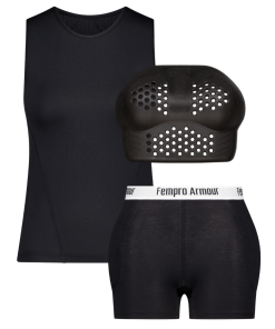 Protective sports gear set for women including a tank top, padded chest guard, and shorts