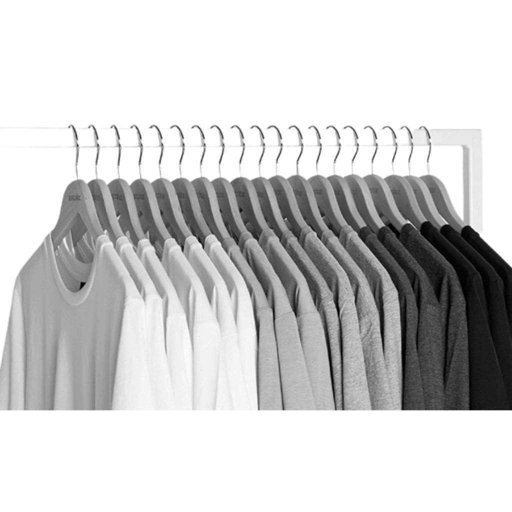 a gradient of t shirts from white to black on hangers