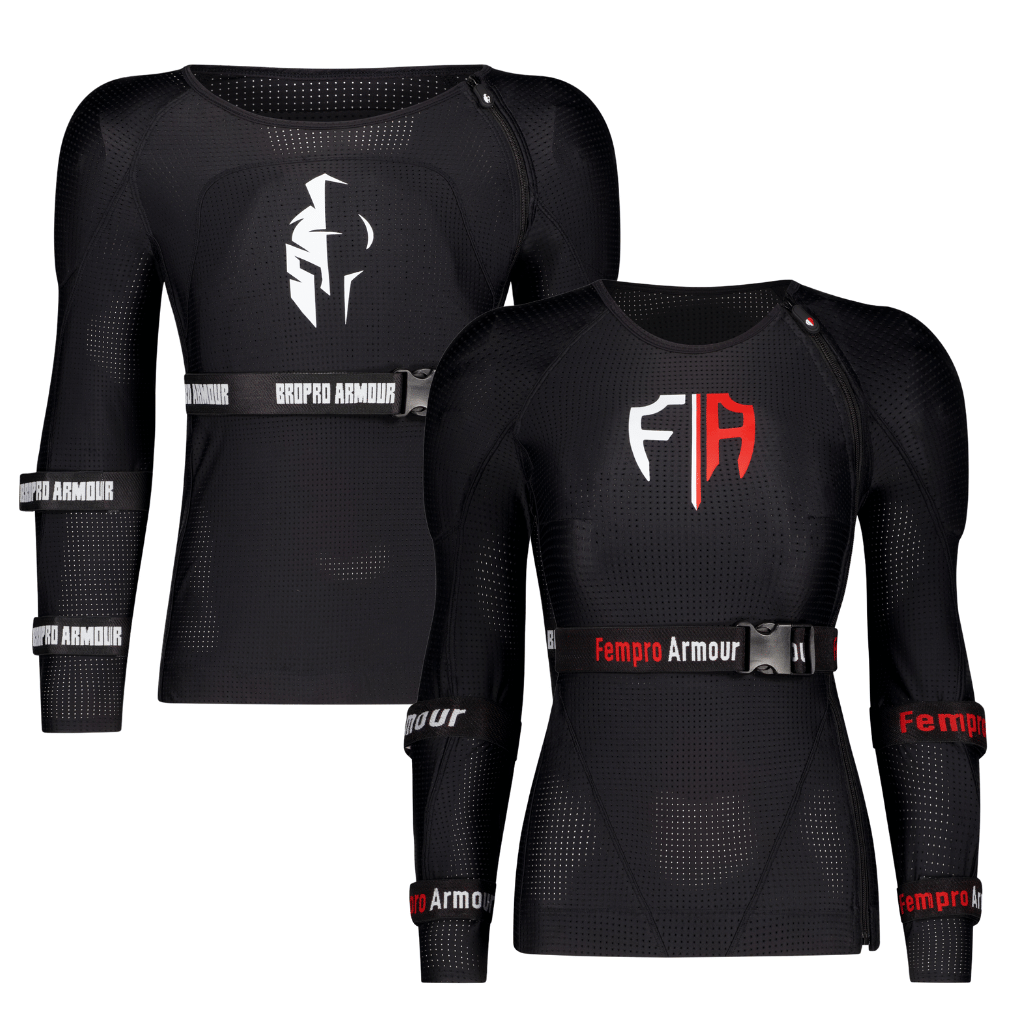 two long sleeved black sports compression shirts with logos