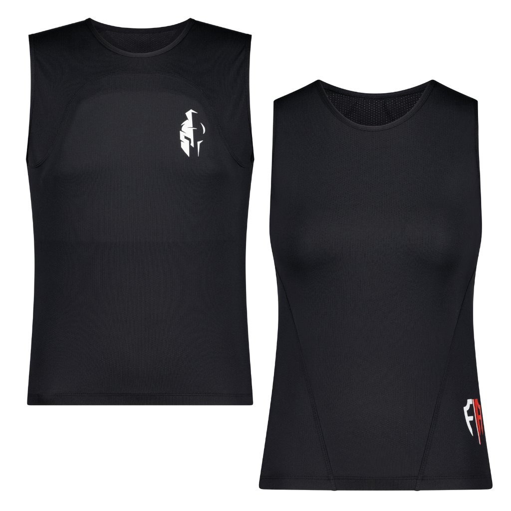 two sleeveless athletic tank tops with protective padding and branding logos