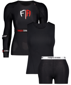 Black athletic wear set with protective gear for women, featuring a long-sleeve mesh top, tank top, and compression shorts