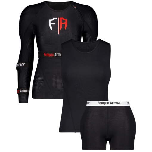 black athletic wear set with protective gear for women featuring a long sleeve mesh top tank top and compression shorts