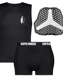 Black sports gear set with chest protector and compression shorts labeled Bropro Armour.