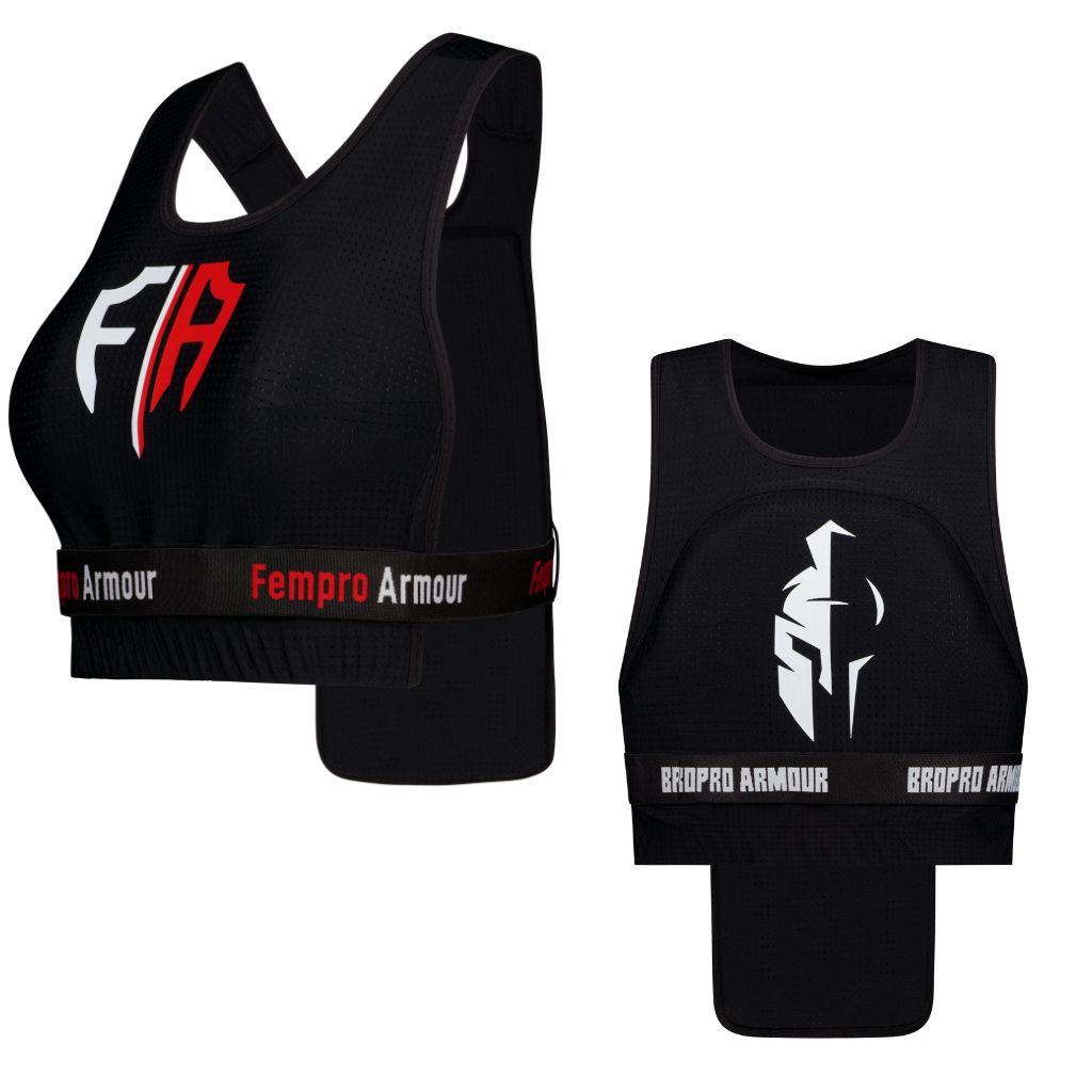 two black protective sports vests with fempro armour and bropro armour logos