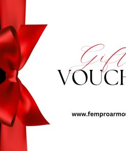 Gift Voucher with a red ribbon on a black and white background with 'Fempro Armour' logo