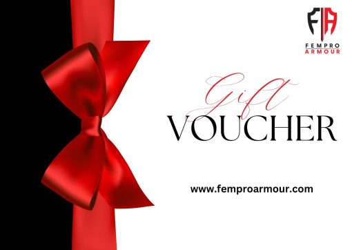 gift voucher with a red ribbon on a black and white background with fempro armour logo