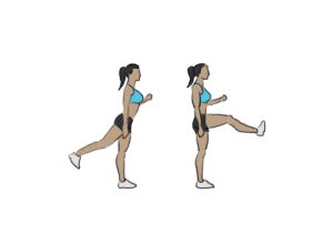 illustration of a woman performing a two step leg exercise starting with a back lunge and progressing to a front kick