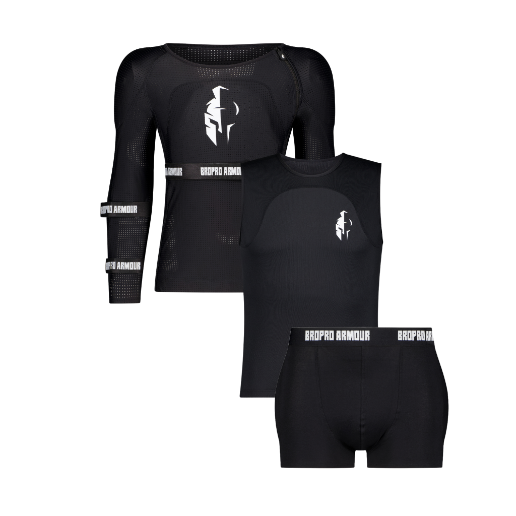 black sports compression wear set with bropro armour branding