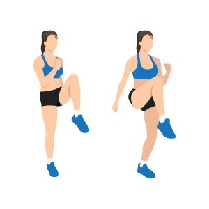 illustrated fitness sequence showing a woman performing a high knee exercise