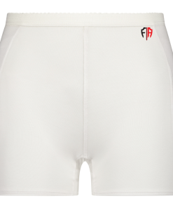 White hip fracture protection underwear with a red and black logo on the waistband