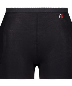 Black hip fracture protection underwear with a red and black logo on the waistband