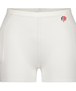 White hip fracture protection underwear with a red and black logo on the waistband