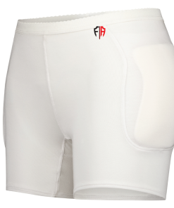 White hip fracture protection underwear with a red and black logo on the waistband