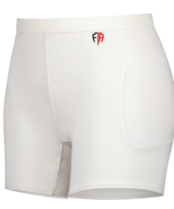 White hip fracture protection underwear with a red and black logo on the waistband