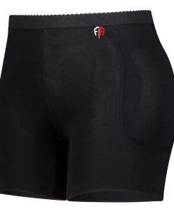 Black hip fracture protection underwear with a red and black logo on the waistband