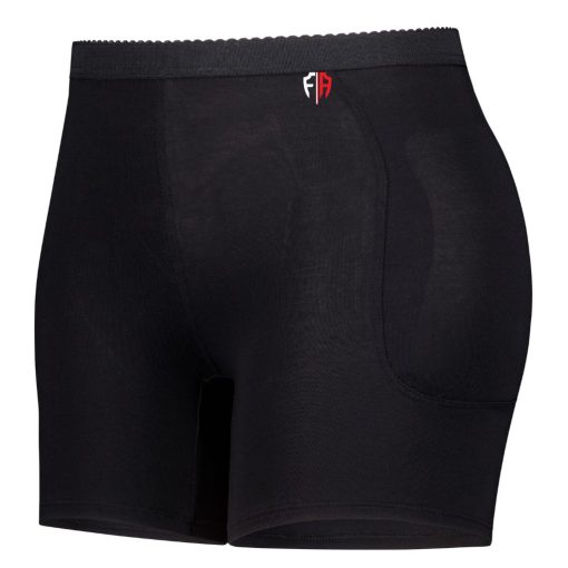 Black hip fracture protection underwear with a red and black logo on the waistband