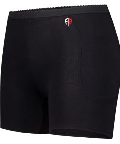 Black hip fracture protection underwear with a red and black logo on the waistband