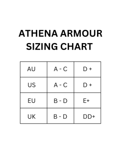 ATHENA ARMOUR sizing chart displaying corresponding sizes for AU, US, EU, and UK from A-C to DD+ cup sizes.
