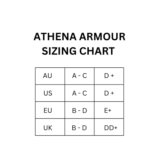 athena armour sizing chart displaying corresponding sizes for au us eu and uk from a c to dd+ cup sizes