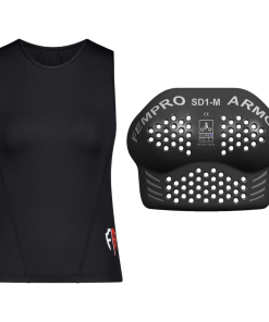 Black sleeveless sports top with a logo and FEMPRO SD1-M Armour chest protector with ventilation holes against a green background