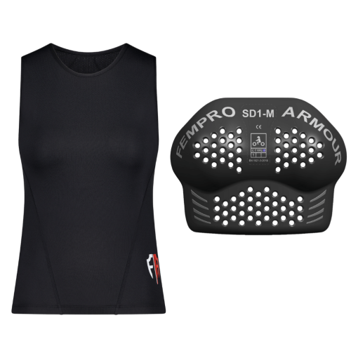 black sleeveless sports top with a logo and fempro sd1 m armour chest protector with ventilation holes against a green background