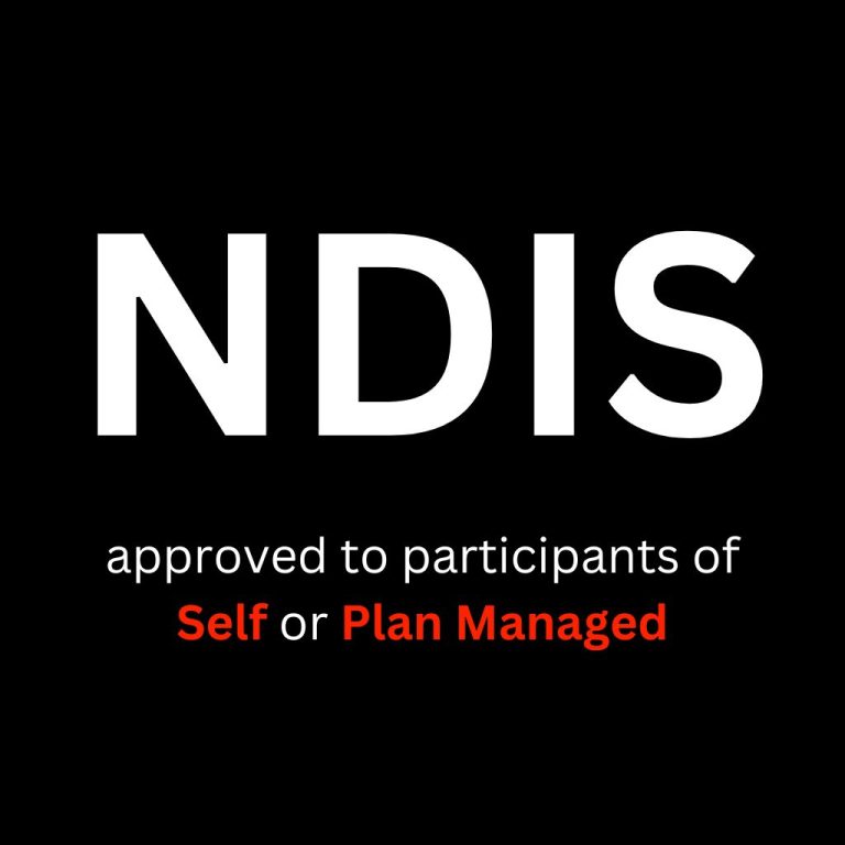 logo with ndis in large white letters on a black background with a subheading approved to participants of self or plan managed in smaller white and red text