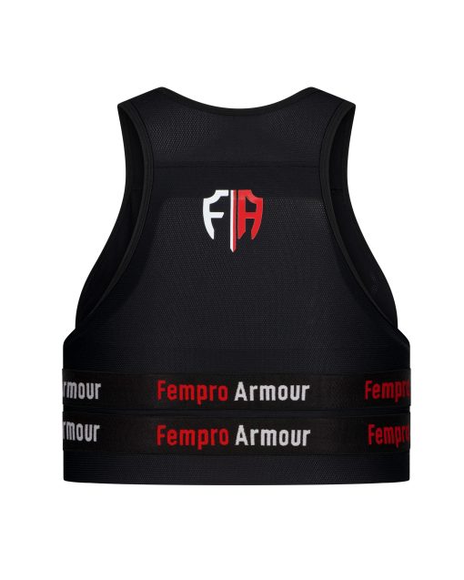 A black impact vest with "Fempro Armour" written on the adjustable straps. The front of the bra features a logo with the initials "FA" in white and red.