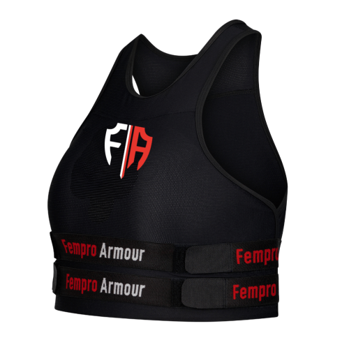 Side view of a black impact vest with "Fempro Armour" written on the adjustable straps. The front of the bra features a logo with the initials "FA" in white and red.