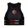 A black sports bra with "Fempro Armour" written on the adjustable straps. The front of the AFL & Rugby League & Union Protection Armour features a logo with the initials "FA" in white and red.