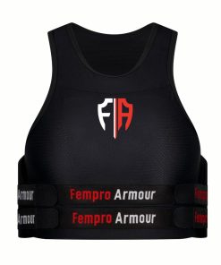 A black sports bra with "Fempro Armour" written on the adjustable straps. The front of the AFL & Rugby League & Union Protection Armour features a logo with the initials "FA" in white and red.