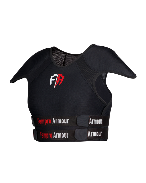 Side view of a black Fempro Armour protective sports vest with shoulder padding and adjustable straps