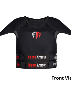 Front view of a black Fempro Armour protective sports vest with shoulder padding and adjustable straps