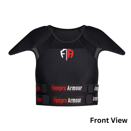 Front view of a black Fempro Armour protective sports vest with shoulder padding and adjustable straps
