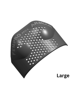 Large black chest protection pad with perforated design, outside view