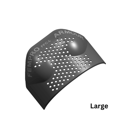 Large black chest protection pad with perforated design, outside view