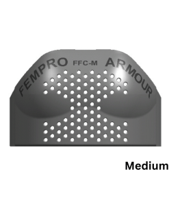 Medium black chest protection pad with perforated design, front view