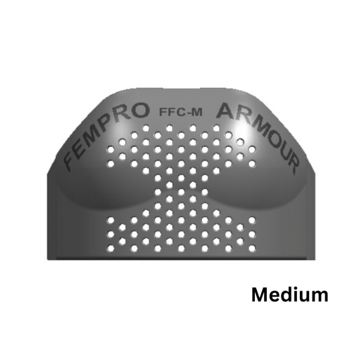 Medium black chest protection pad with perforated design, front view