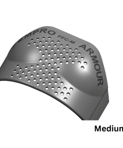 Medium black chest protection pad with perforated design, front view
