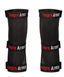 Black Fempro Armour knee guards with adjustable straps for optimal support and protection.