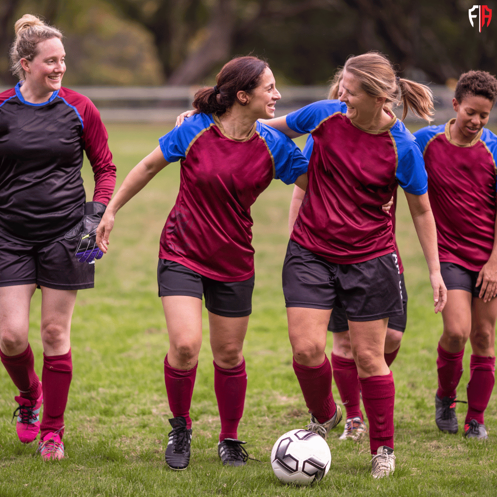 A group of female soccer players in maroon and black uniforms walking together on a grassy field