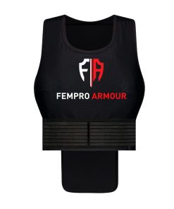 Female designed black sports vest for curved chests with distinctive 'F/A' logo in red and white and 'Fempro Armour' logo.