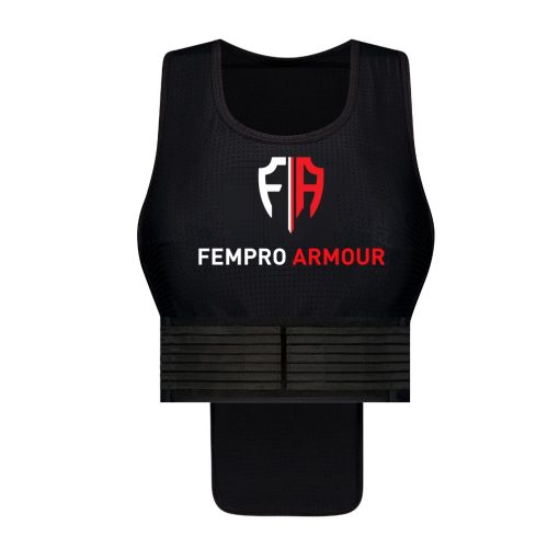 Female designed black sports vest for curved chests with distinctive 'F/A' logo in red and white and 'Fempro Armour' logo.