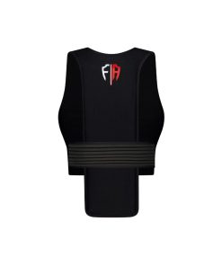 Female designed black sports vest for curved chests with distinctive 'F/A' logo in red and white.