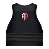 Back view of a black Fempro Armour protective sports vest with adjustable straps