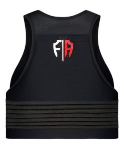 Back view of a black Fempro Armour protective sports vest with adjustable straps