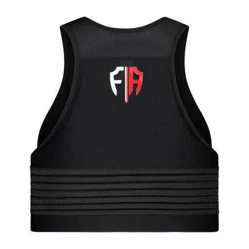 Back view of a black Fempro Armour protective sports vest with adjustable straps