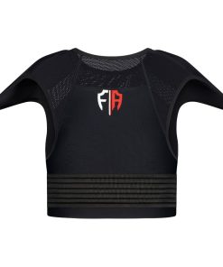 Back view of a black Fempro Armour protective sports vest with shoulder padding and dual adjustable straps.