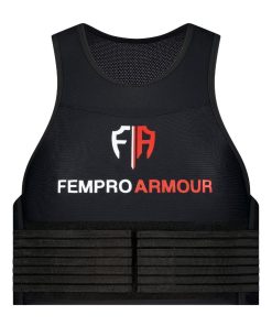 Front view of a black Fempro Armour protective sports vest with adjustable straps