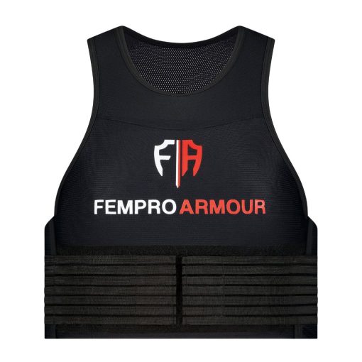 Front view of a black Fempro Armour protective sports vest with adjustable straps